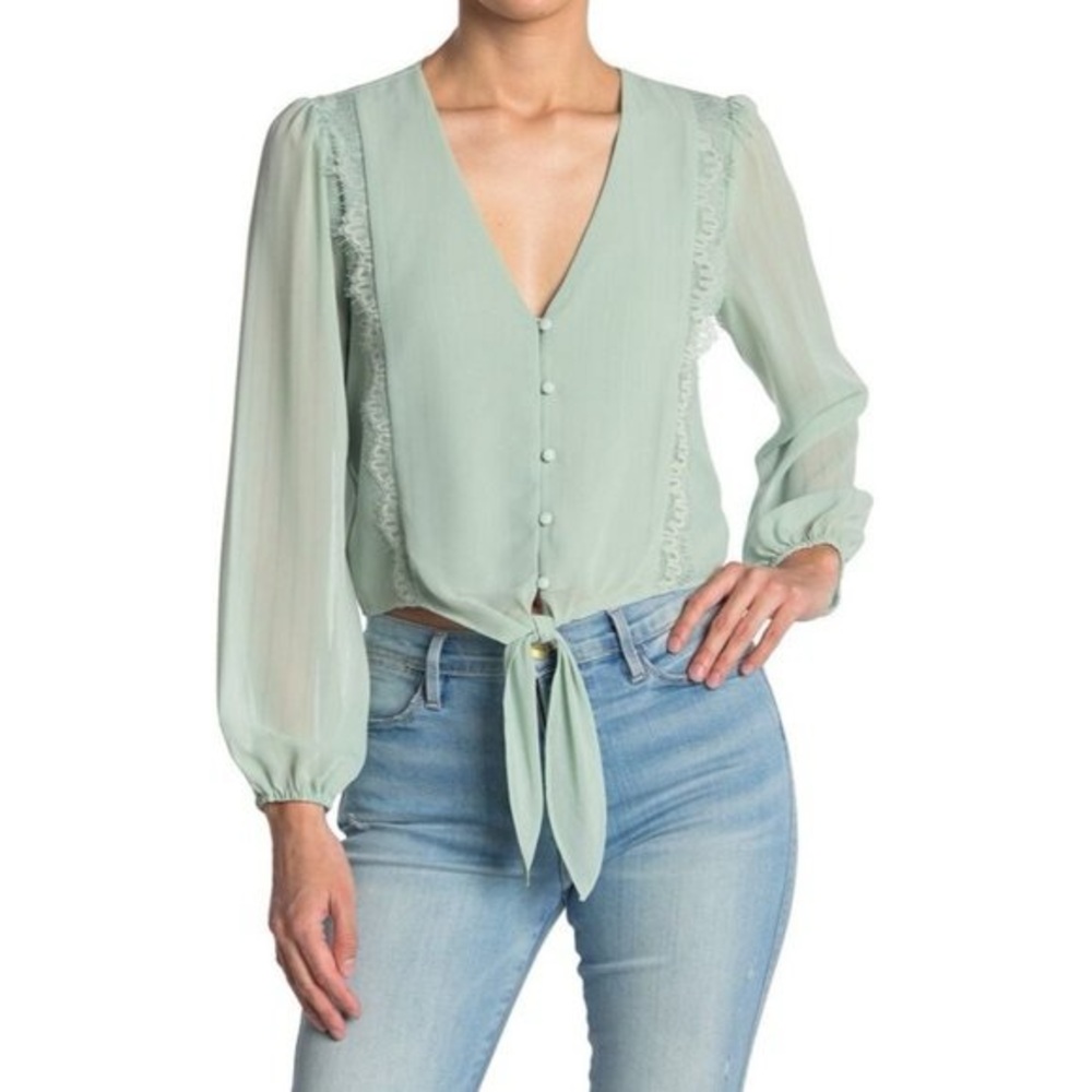 WAYF Lace Trim Knotted Long Sleeve Blouse - Picture 1 of 6